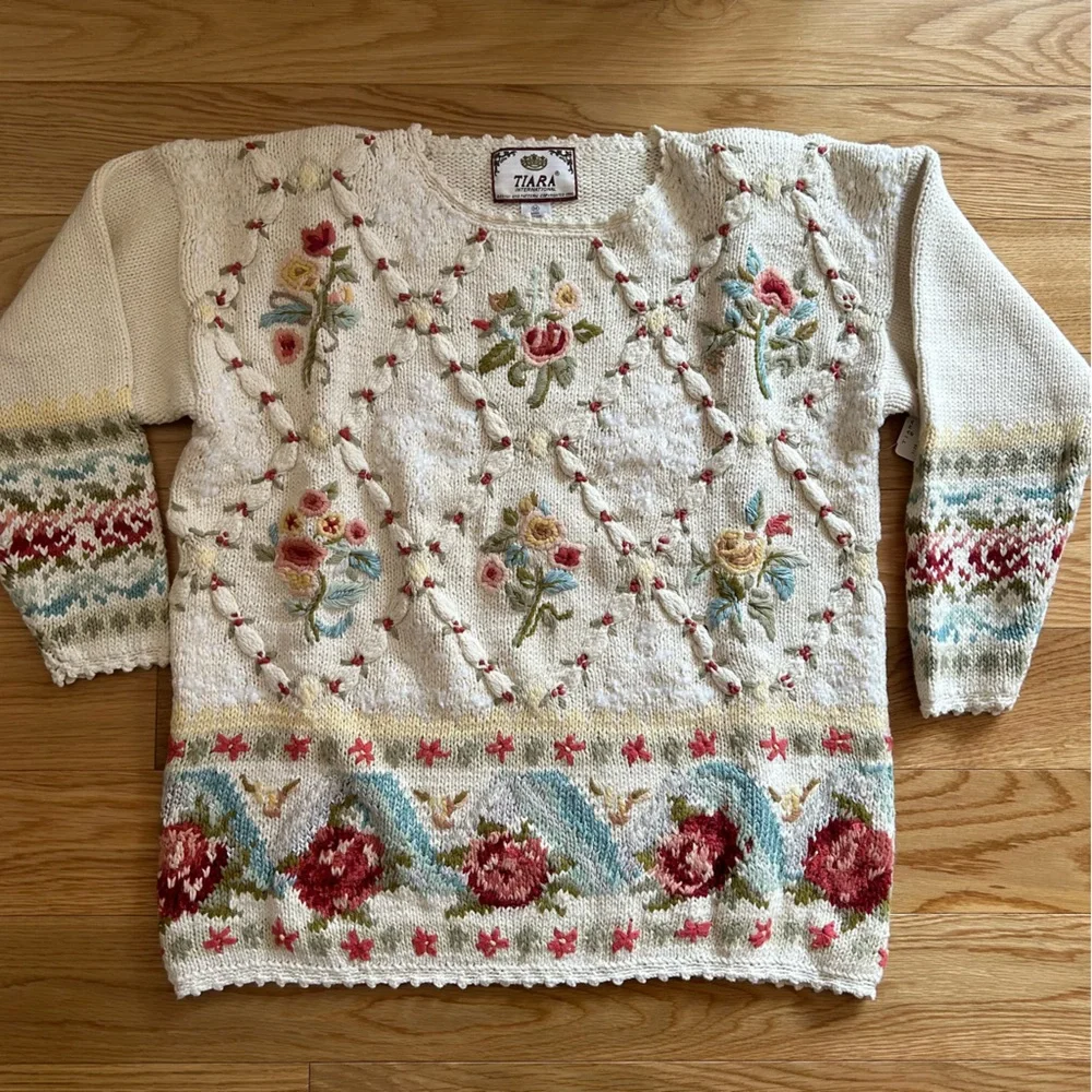 Tiara Women's Floral Knit Sweater - Cream with Multicolor Accents - Picture 1 of 5